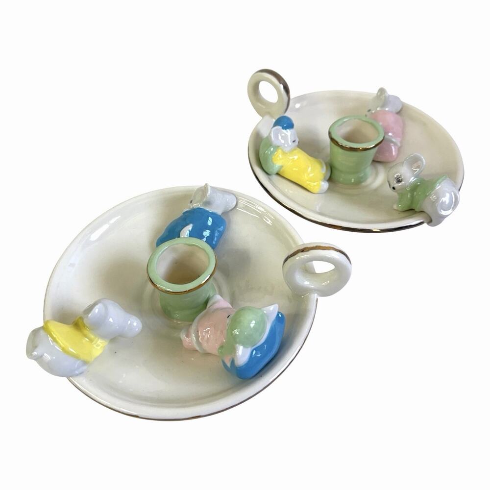 VTG Handmade Candlestick Holder Sleeping Mice 1950s RARE 7” Diameter